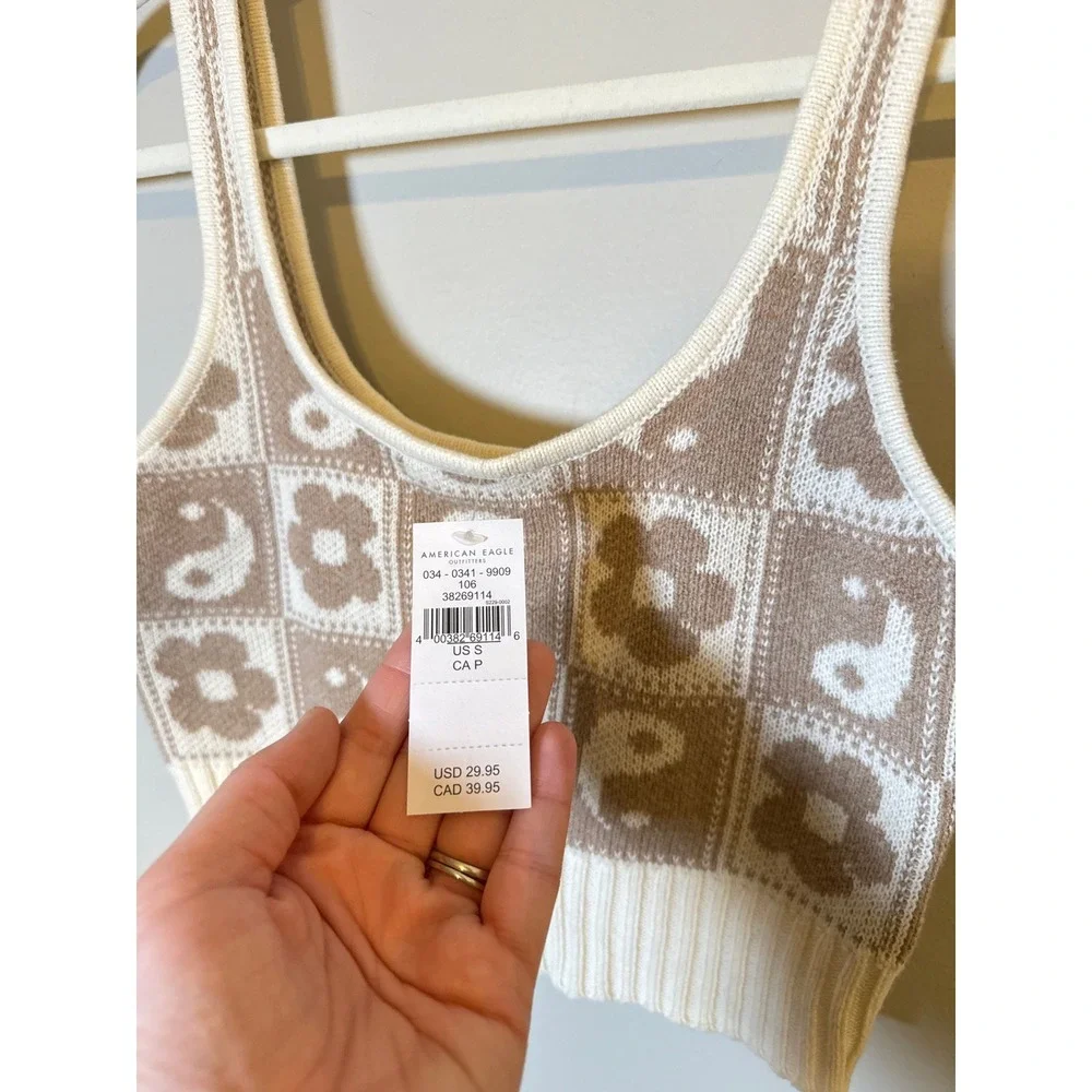 American Eagle • NWT Floral Yin Yang Knit Crop Tank Top Cream Brown Size S - Picture 5 of 10